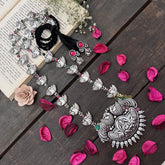 Vriksham Ganesha Pendant & Leaf Motif Chain Oxidized Silver With Black Thread Neckpiece-S986